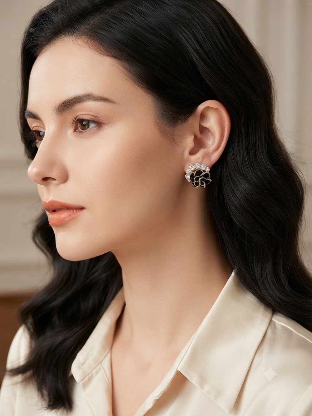 Classic Black Flower Pearl Cluster Earrings by